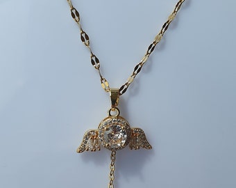 Gold Engel Flügel Halskette: Edelstahl Zirkon Stein Anhänger