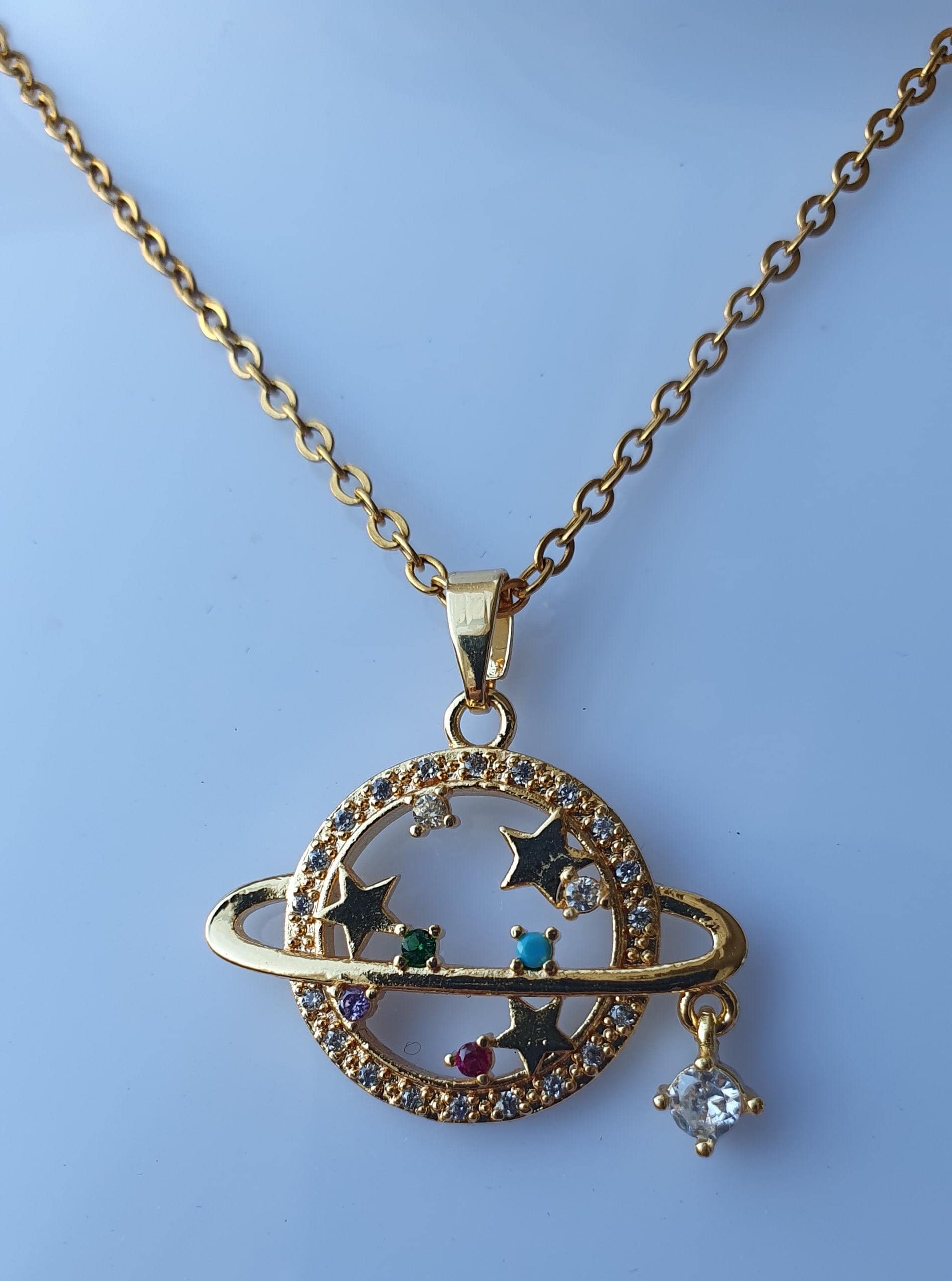 Gold Planet and Stars Necklace – Cosmic Universe Pendant With 