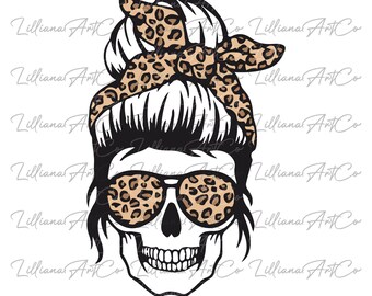 Messy Bun Skull Mom SVG Mom Life SVG Mom Svg Momlife Svg Bun Skull Mom Svg Leopard Messy Bun Svg Skull Head Mama Svg
