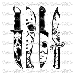 May include: Four black and white knives with horror movie character designs. The knives feature the faces of Ghostface, Jason Voorhees, Michael Myers, and Chucky. The image has the text "Lilliana ArtCo" repeated.