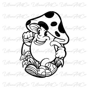 Puede incluir: Ilustración en blanco y negro de un personaje de hongo de dibujos animados con un gran sombrero manchado. El hongo sonríe y tiene brazos y piernas. El hongo está de pie en un campo de hierba con otros hongos más pequeños.