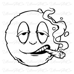 May include: A black and white cartoon illustration of a face with a relaxed expression, wearing a hat and smoking a cigarette. The face has large eyes, a wide smile, and a cigarette hanging from its mouth.