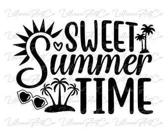 May include: Black and white graphic design with the text "Sweet Summer Time". The design includes a sun, palm trees, sunglasses, and a heart.