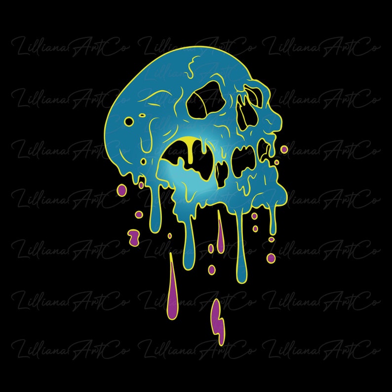 May include: A blue skull with dripping yellow and purple paint. The skull is melting and dripping down the sides. The background is black.