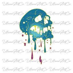 May include: A blue skull graphic with dripping yellow, purple, and blue paint. The skull is outlined in yellow.