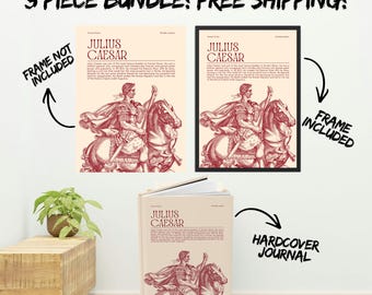 Julius Caesar Art Bundle: Framed Poster, Rolled Poster & Journal | Set of 3 Roman Wall Art and Journaling, Ancient Rome History Gift Idea