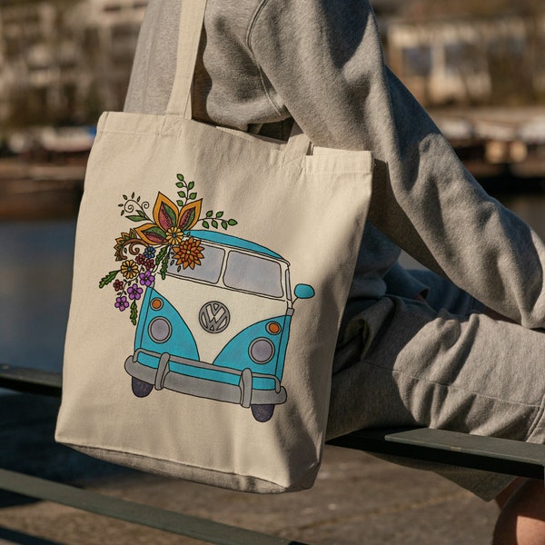 Vintage Hippie Van Canvas Tote Bag, Retro Volkswagen Blue Van, Gift for Women