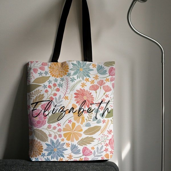 Custom Vivid Floral Tote Bag, Personalized Flowered Bright Yellow Red Blue Bag, Gift for Women or Mothers