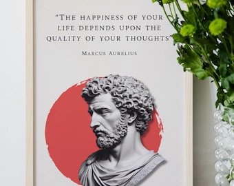 Puede incluir: Impresión enmarcada con un busto de Marco Aurelio sobre un círculo rojo. La cita "LA FELICIDAD DE TU VIDA DEPENDE DE LA CALIDAD DE TUS PENSAMIENTOS" se muestra encima del busto. La impresión está en un marco de madera clara.
