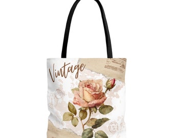 Vintage beige botanische roze roos aquarel draagtas, bloementas met stempels en retro vibes, cadeau voor vrouwen