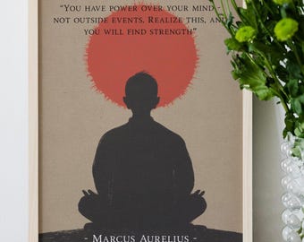 Puede incluir: Un cuadro enmarcado con la silueta de una persona meditando frente a un sol rojo. El cuadro incluye una cita de Marco Aurelio: "TIENES PODER SOBRE TU MENTE - NO SOBRE LOS EVENTOS EXTERNOS. DATE CUENTA DE ESTO, Y ENCONTRARÁS FUERZA."