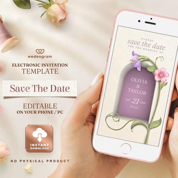 VINTAGE Floral Save The Date Template. Flowers over a Niche in Oil Paint. Romantic Electronic Wedding Invitation. Lilac & Beige Linen Evite