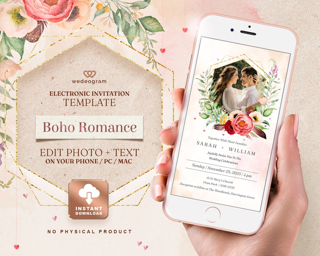 BOHO ROMANCE Wedding Invitation Template, Editable on Mobile and ...