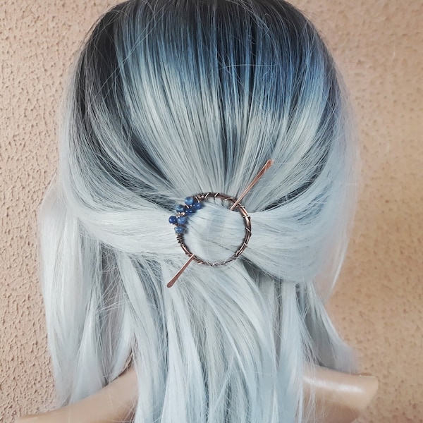 Small hair barrette for bun with sodalite beads, circle hair clip with stick, copper wire hair pin