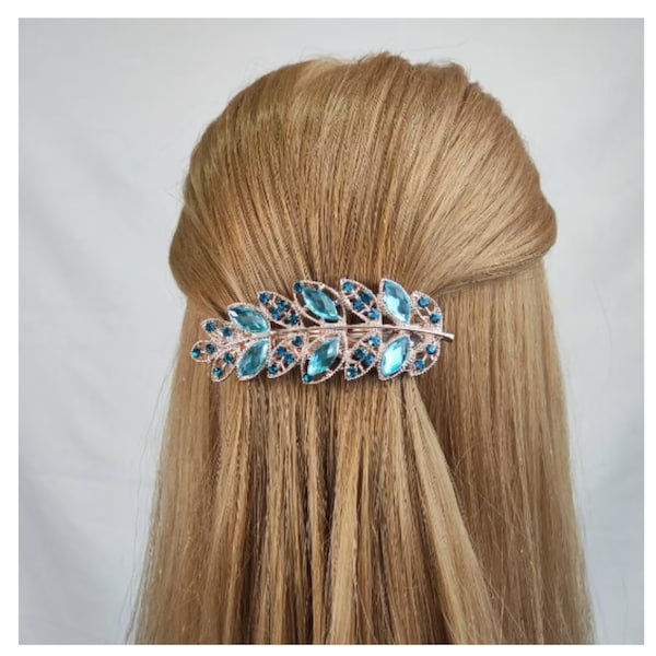 Barrette à cheveux dorée avec perles de cristal, peigne à cheveux en strass avec cristaux bleus, épingles à cheveux en plumes pour cheveux longs pour femme,