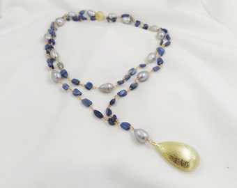 long necklace with freshwater pearls and kyanite beads, handmade baroque necklace for women