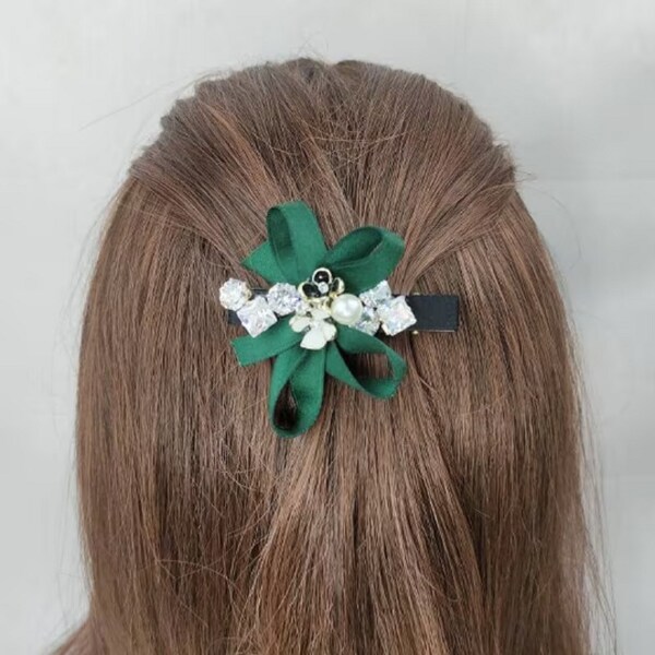 Pince à cheveux nœud pour filles avec fleur en émail, barrette à cheveux strass pour femme, barrette à cheveux nœud ruban