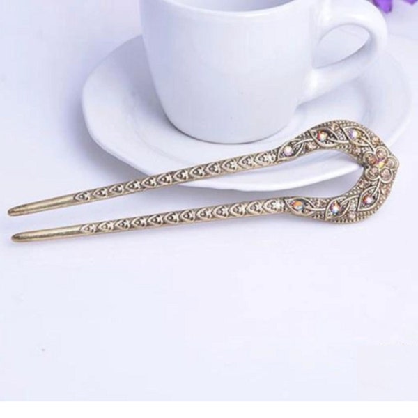 Victorian hair stick with crystal diamonds for thin or fine hair, metal hair fork with bezel for bun, gift for christmas head piece