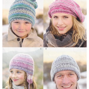 May include: Four different knitted hats in various colours and patterns. The hats are shown being worn by people of different ages. The text "DK / 8 Ply" and "Hats - 4 Years to Men's Size" is visible at the top of the image.