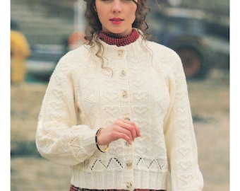 Womens Aran Cable Knitting Pattern Heart Motif Aran / Worsted Cardigan (PDF in English)