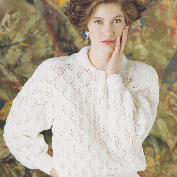 Ladies Sweater Jumper Knitting Pattern DK / 8 Ply Yarn Lace Pattern With Collar PDF