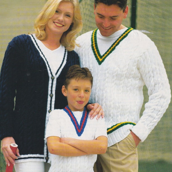 Tennis Cricket Sweater Knitting Pattern Boys, Ladies, Mens Cable Sweater Slipover Cardigan PDF DK / 8 Ply Yarn