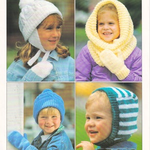 May include: Four children wearing different knitted hats and mittens. The hats are white, yellow, blue, and green and white striped. The mittens are white, yellow, blue, and green and white striped.