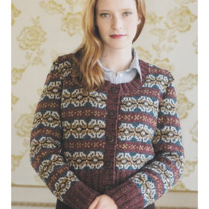 May include: A brown, blue, and gold patterned cardigan with a button closure. The cardigan is made of Aran weight yarn and is available in sizes 32 to 46 inches.