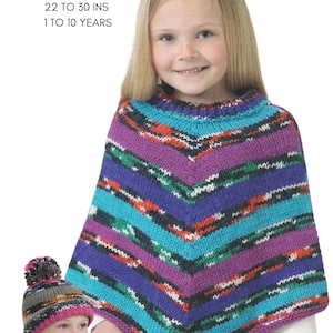 May include: A colorful striped knitted poncho with a matching hat. The poncho is made with chunky yarn and is sized for children ages 1 to 10 years old. The poncho measures 22 to 30 inches.