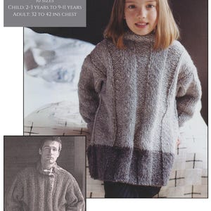 May include: A gray and dark gray knitted sweater with a cable knit pattern. The sweater is shown on a child and an adult.