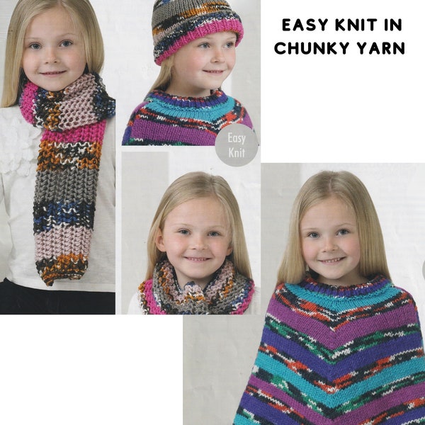 Girls Poncho, Bobble Hat and Scarf Knitting Pattern Easy Knit in Chunky / Bulky Yarn Childs PDF Pattern