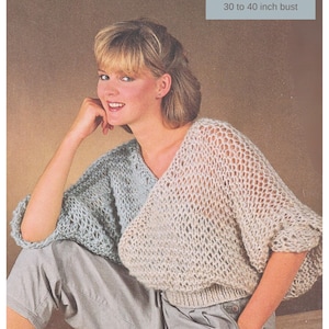 May include: A woman wearing a light blue and beige open-weave knit sweater. The image includes text that reads "Odd Pins Pattern," "Chunky / Bulky Yarn," and "30 to 40 inch bust" (76 to 102 cm).