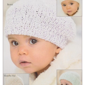 May include: A collection of four knitted baby hats in different styles: a beret, a slouchy hat, a pull-on hat, and a helmet. The hats are made with a chunky yarn and are available in white, light green, and light pink.