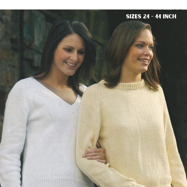 Classic Ladies Sweater Jumper Knitting Pattern Womens Plain V-Neck and Round Neck Pattern DK Yarn