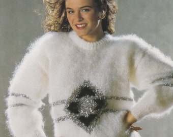 Mohair Sweater Jumper Knitting Pattern 1990s Ladies Round Neck Diamond Motif Knitting Pattern PDF