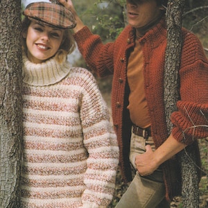 May include: A vintage image featuring two people wearing knitted sweaters and caps. The woman wears a cream-colored turtleneck sweater with horizontal stripes. The man wears a rust-colored cardigan. The text on the image reads "Chunky / Bulky / 12 ply 32 - 42 ins".