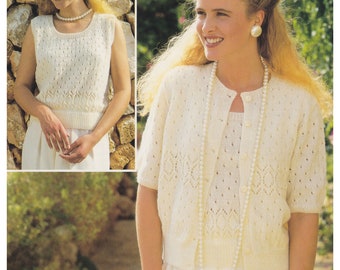 Ladies Summer Cardigan & Lace Vest Top Knitting Pattern Short-Sleeve Cardigan 4 Ply / Fingering Yarn PDF in English