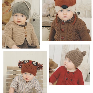 May include: Four knitted hats for babies, each with a different animal design. The hats are in various colours, including brown, grey, orange, and white. The hats are shown on babies wearing different outfits. The text "DK Woodland Hats 6 months to 7 years" is at the top of the image.