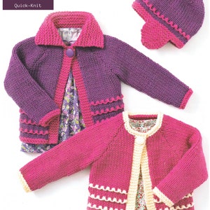 May include: Two knitted cardigans for babies, one purple with pink trim and one pink with cream trim. The cardigans are shown with a matching purple knitted hat with a pink ear flap.