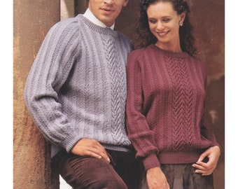 Ladies & Mens Sweater Knitting Pattern in 4 Ply / Fingering / Fine Yarn  Cable Panel Womens Jumper PDF Pattern 30 to 46 ins in English Only