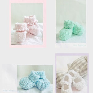 May include: Four pairs of knitted baby booties in different colors and styles. The booties are pink, light green, light blue, and white. The pink booties have a ruffle trim. The light green and light blue booties have a textured knit. The white booties are a simple style with a strap.