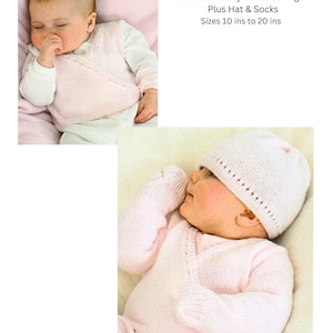 May include: A pink knitted baby cardigan with a wrap-style closure. The cardigan is shown on a baby wearing a matching pink hat. The text "Premature Baby Ballet Cardigan Plus Hat & Socks Sizes 10 ins to 20 ins" is printed on the image.