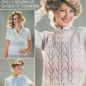 May include: Three sleeveless knit tops in white, light blue, and pink. The tops are made with a chunky yarn and have a lacy stitch pattern. The text "QUICK TO KNIT FROM ONLY 2 100g BALLS CHOICE OF 3 DESIGNS" is visible in the image.