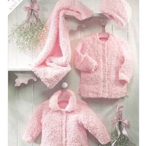 Baby Cardigan Knitting Pattern Jacket, Hat & Blanket in Chunky Snowflake Yarn for 0 to 6 years in English