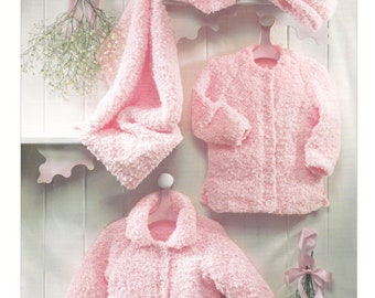 Baby Cardigan Knitting Pattern Jacket, Hat & Blanket in Chunky Snowflake Yarn for 0 to 6 years in English