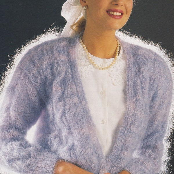 Womens Mohair Cardigan Knitting Pattern 1990s Deep V-Neck Ladies Cardi Cable Pattern PDF