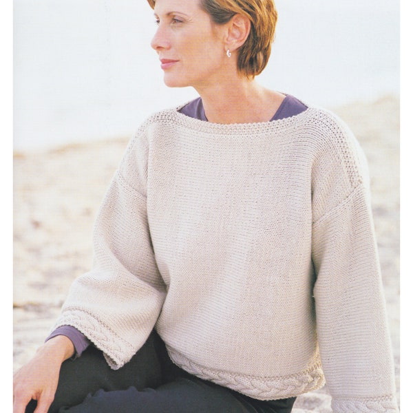 Ladies Sweater Knitting Pattern With Slash Neck Knitted Sideways Aran / Worsted Yarn Ladies Jumper PDF