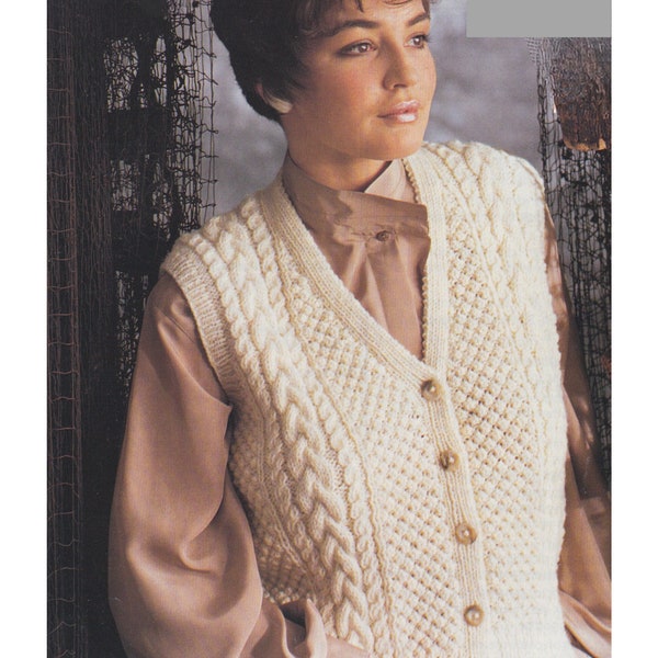 Ladies Aran Waistcoat Knitting Pattern Women's Cable Knit Sleeveless PDF pattern Worsted Yarn