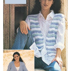 May include: A woman wearing a white shirt and blue jeans, with a blue, white, and green striped knitted vest. The image includes a smaller image of a blue knitted cardigan. Text on the image reads "DK / 8 Ply" and "34 to 42 inch bust."