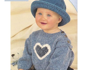 Heart Sweater Knitting Pattern, Baby & Child DK / 8 Ply Yarn Jumper for 3 months to 7 years PDF in English